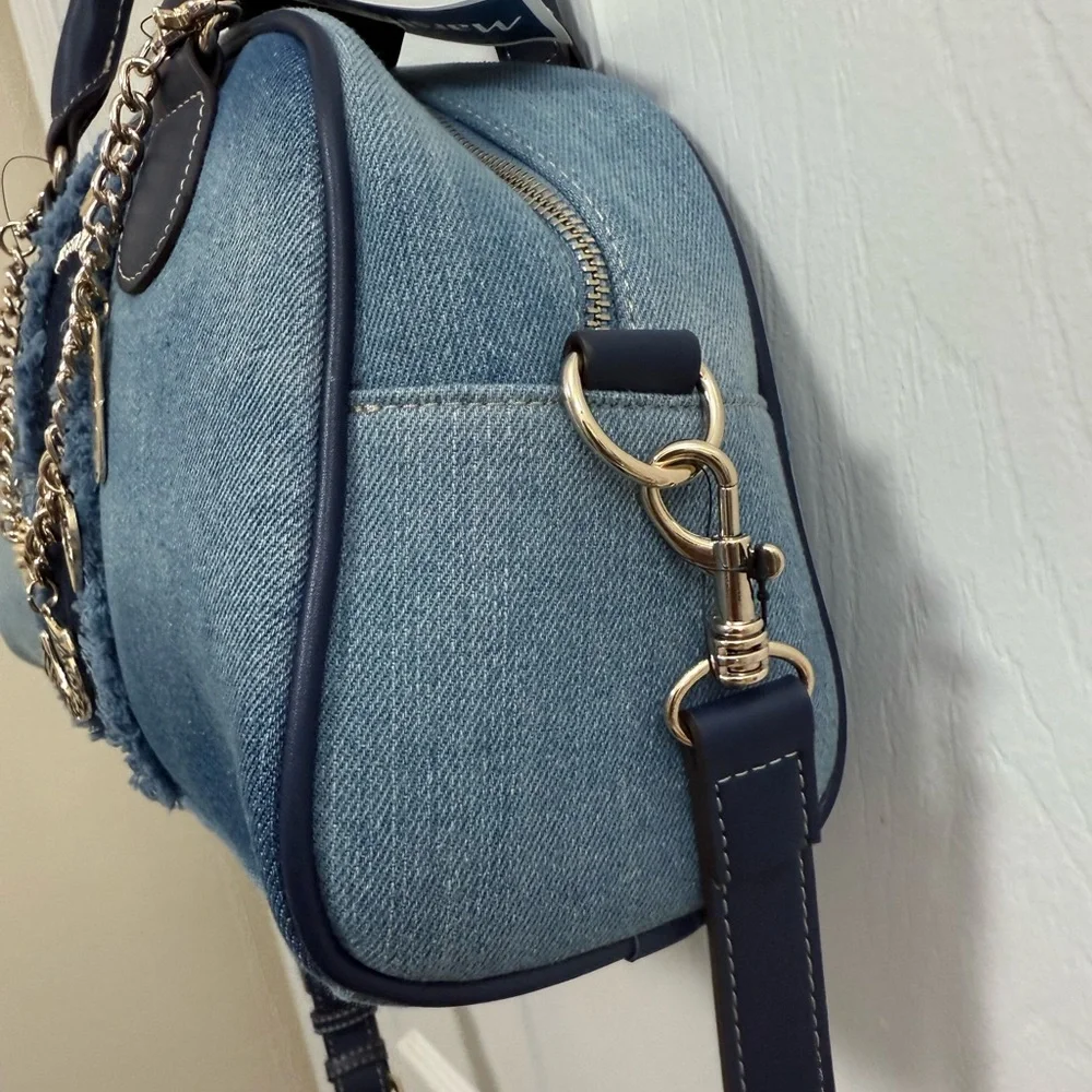 NWT True Religion Blue Denim Distressed Patch Satchel Crossbody Handbag Charms - Picture 2 of 6